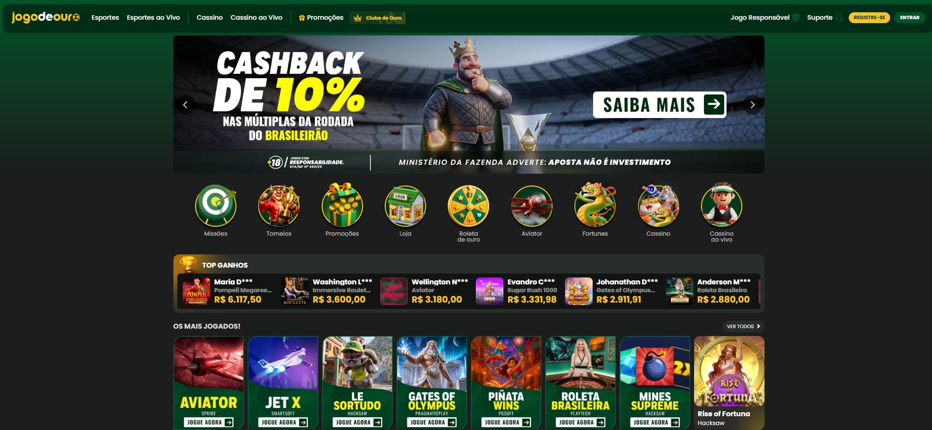 Seção de jogos de casino Jogo de Ouro — captura de referência
